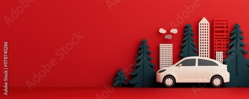 Paper cut-out car with cityscape and trees on a red background. photo