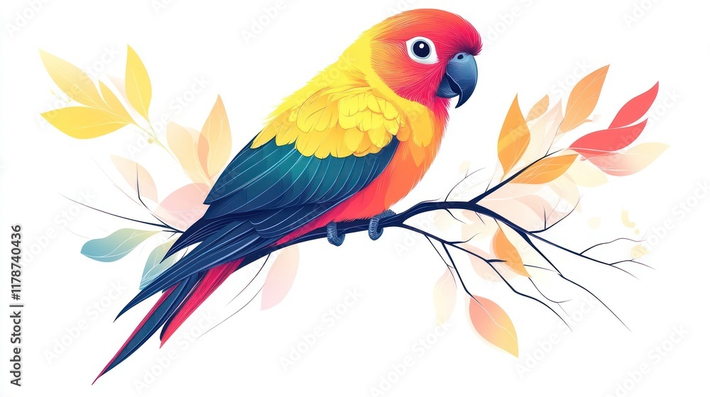 Fototapeta premium Colorful parrot perched on a branch with autumn leaves.