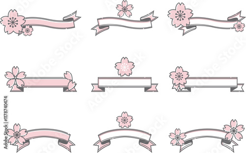 りぼん　桜　さくら　花　あしらい　ピクトグラム　飾り　ロゴマーク　かわいい　イラスト素材セット