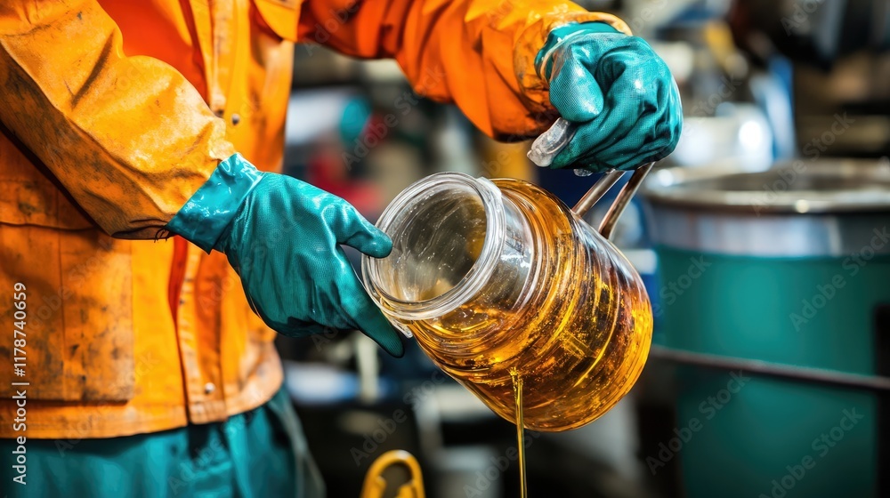 Technician disposing of used oil responsibly into a recycling drum Technician disposing of used oil responsibly into a recycling drum