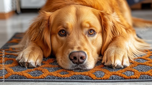 Golden Retriever Resting on a Rug photo