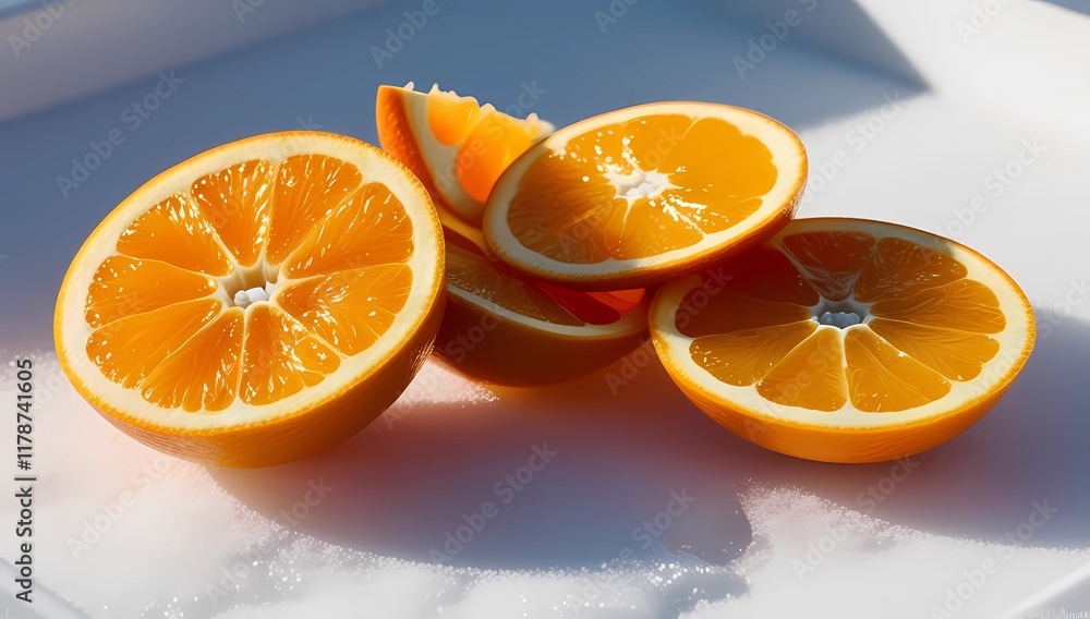 Fototapeta premium Ultra-realistic macro image of a peeled orange, showcasing glossy segments, arranged elegantly on a clean white surface