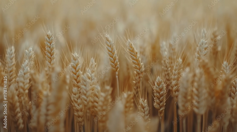 Obraz premium Ripening wheat ears in a golden field showcasing agricultural beauty and vibrant grain growth in close-up detail.