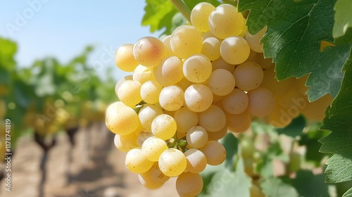 Bunch of ripe green grapes hanging on the vine in a sunny vineyard environment ready for harvest photo