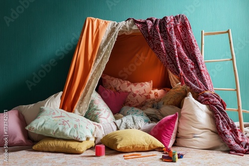 Colorful indoor blanket fort with pillows and toys in a cozy setting photo