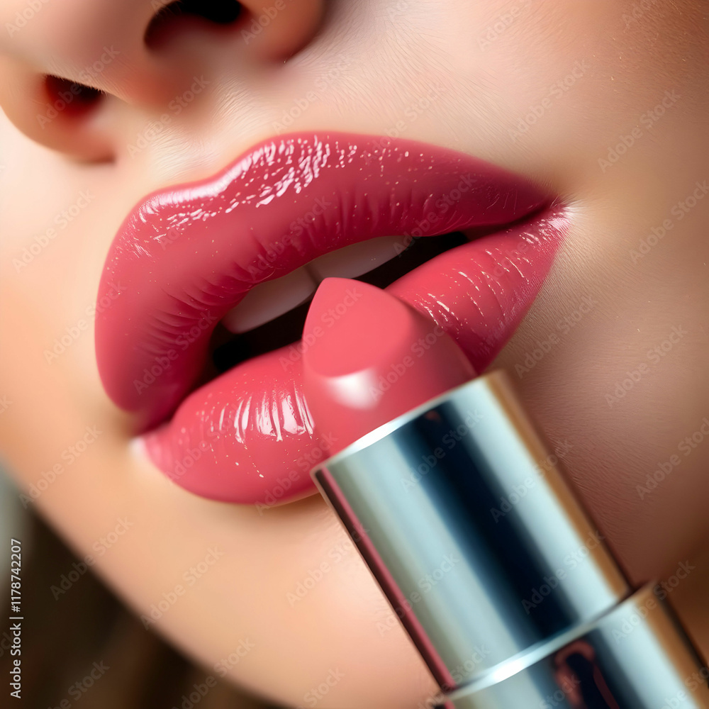 Obraz premium A woman is wearing a pink lipstick