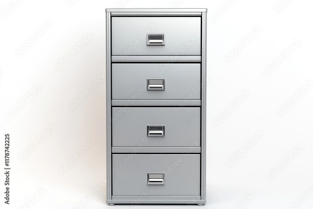 A silver metal file cabinet with four drawers A silver metal file cabinet with four drawers