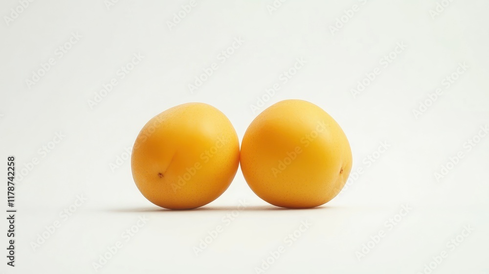Two smooth yellow fruits placed closely on a light background. Two smooth yellow fruits placed closely on a light background.