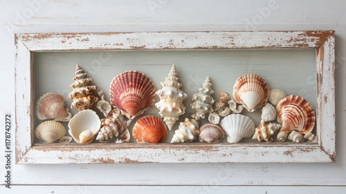 Seashells beautifully displayed in a rustic frame on a white wooden surface perfect for coastal decor and beach-themed interiors photo