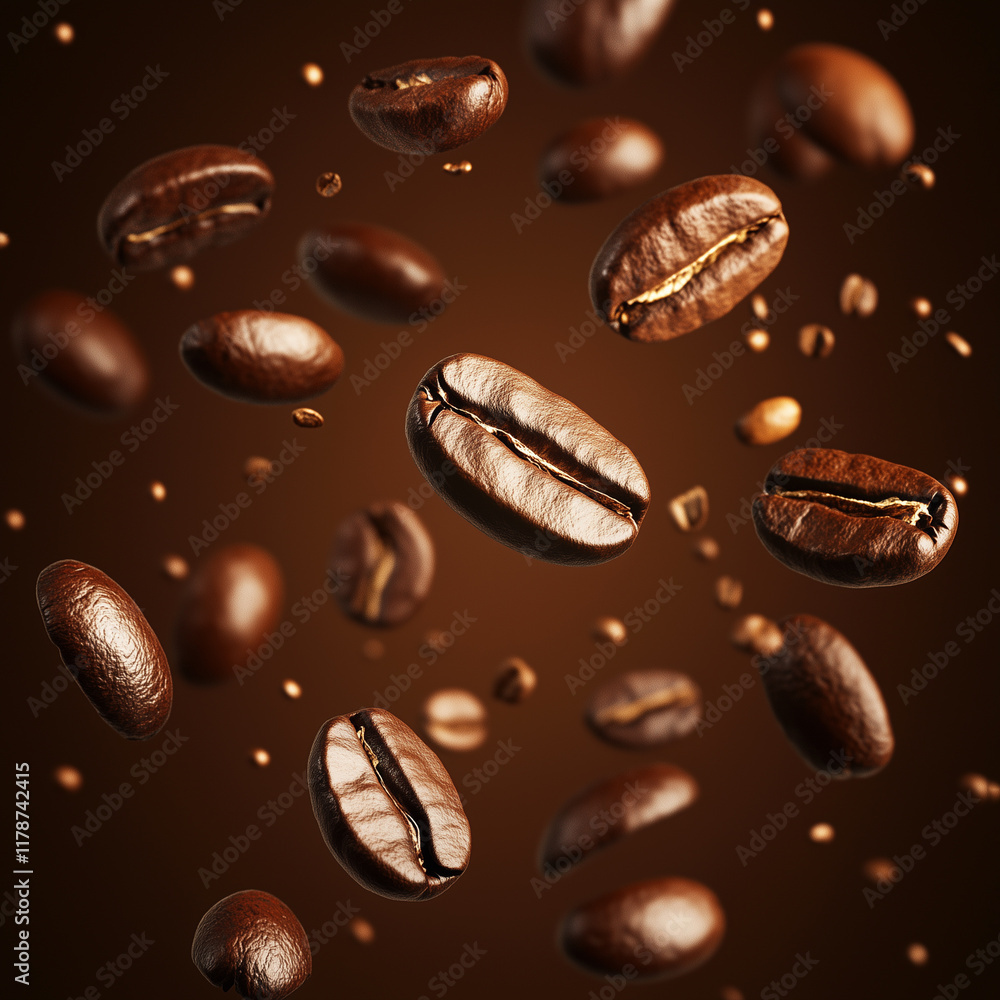 Floating Coffee Beans on Brown Background Floating Coffee Beans on Brown Background