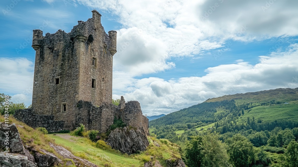 Worn castle tower amidst scenic landscape with lush greenery and cloudy skies showcasing historical architecture and natural beauty Worn castle tower amidst scenic landscape with lush greenery and cloudy skies showcasing historical architecture and natural beauty