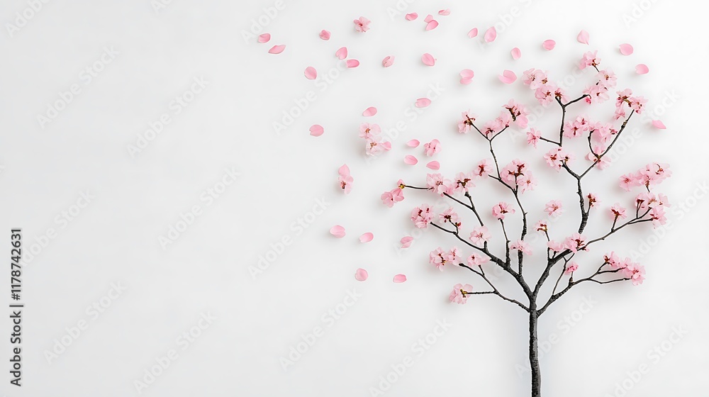 Fototapeta premium Beautiful Cherry Blossom Tree Branch with Falling Petals on a White Background