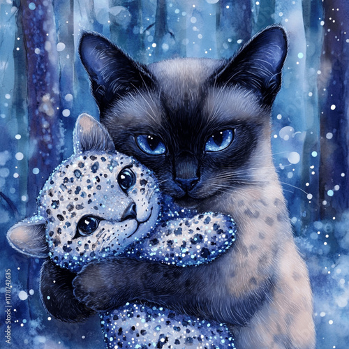 siamese cat hugging a silver glitter plush leopard shaped toy photo