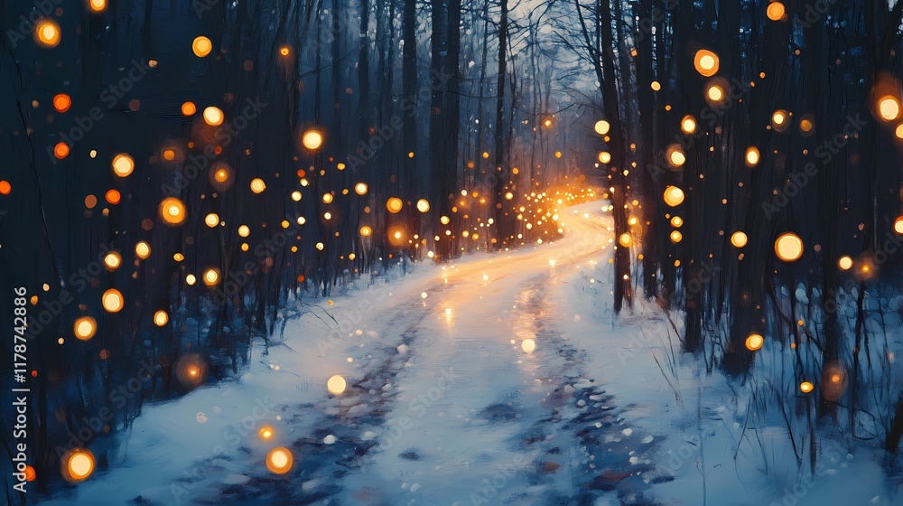 Blurred glowing golden light reflecting softly on a snowy forest road creating a peaceful and magical wintertime backdrop Blurred glowing golden light reflecting softly on a snowy forest road creating a peaceful and magical wintertime backdrop