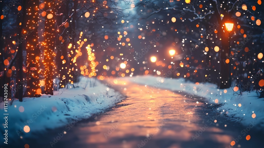 Naklejka premium Blurred glowing golden light reflecting softly on a snowy forest road creating a peaceful and magical wintertime backdrop