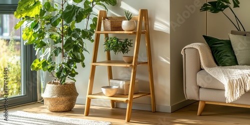 A stylish wooden shelf with plants and decorative bowls in a cozy living room. photo