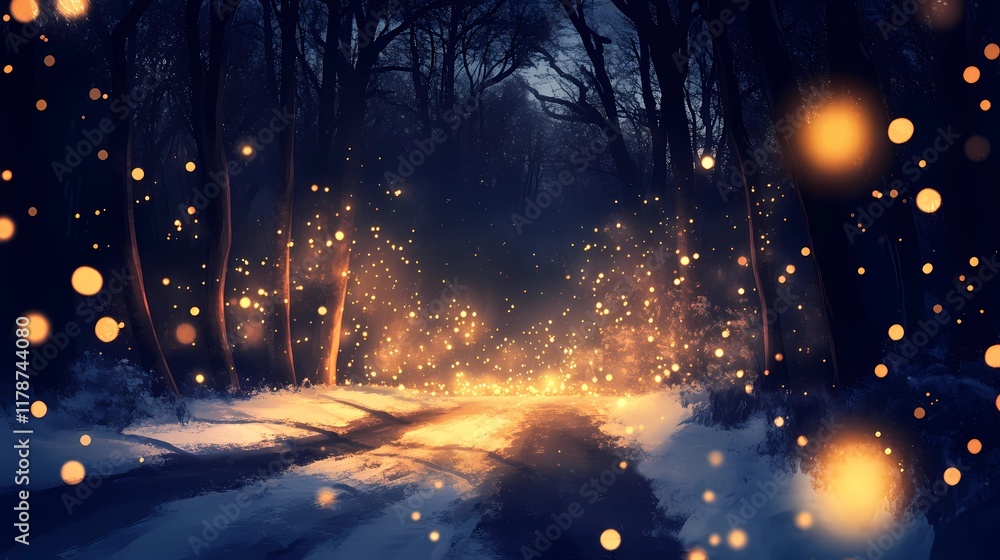 Naklejka premium Blurred glowing golden light reflecting softly on a snowy forest road creating a peaceful and magical wintertime backdrop