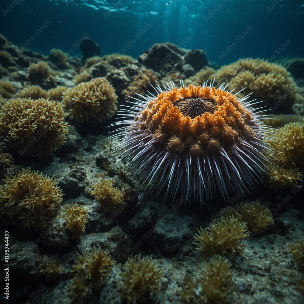 A sea urchin delicately clinging to a rocky surface, surrounded by soft, glowing algae in a deep ocean cove. A sea urchin delicately clinging to a rocky surface, surrounded by soft, glowing algae in a deep ocean cove.