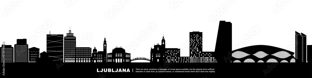 Panoramic View of Downtown Ljubljana Skyline. Ljubljana city black silhouette skyscrapers and buildings. Long cityscape.