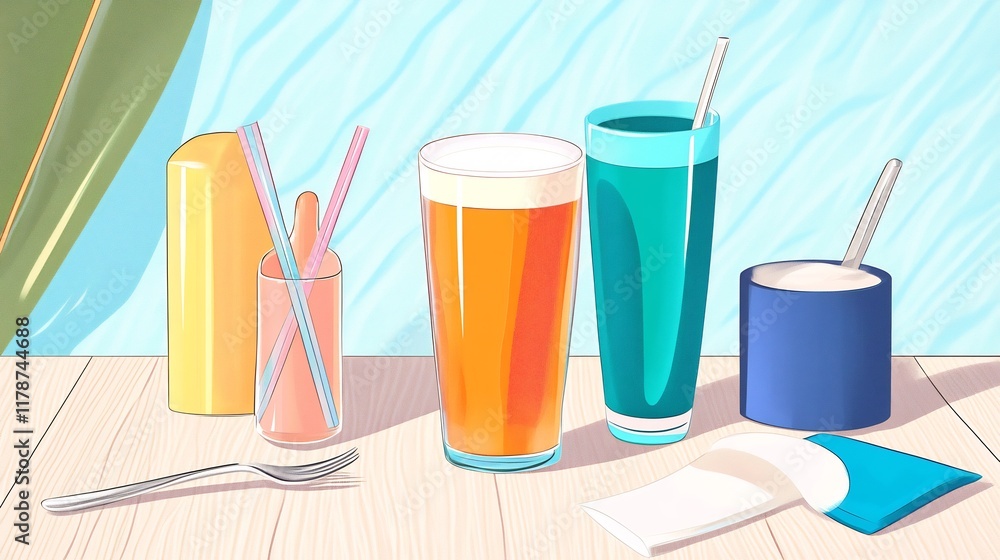 Fototapeta premium Vibrant Summer Drinks Illustration: Refreshing Beverages on Sunny Tabletop. AI Generated