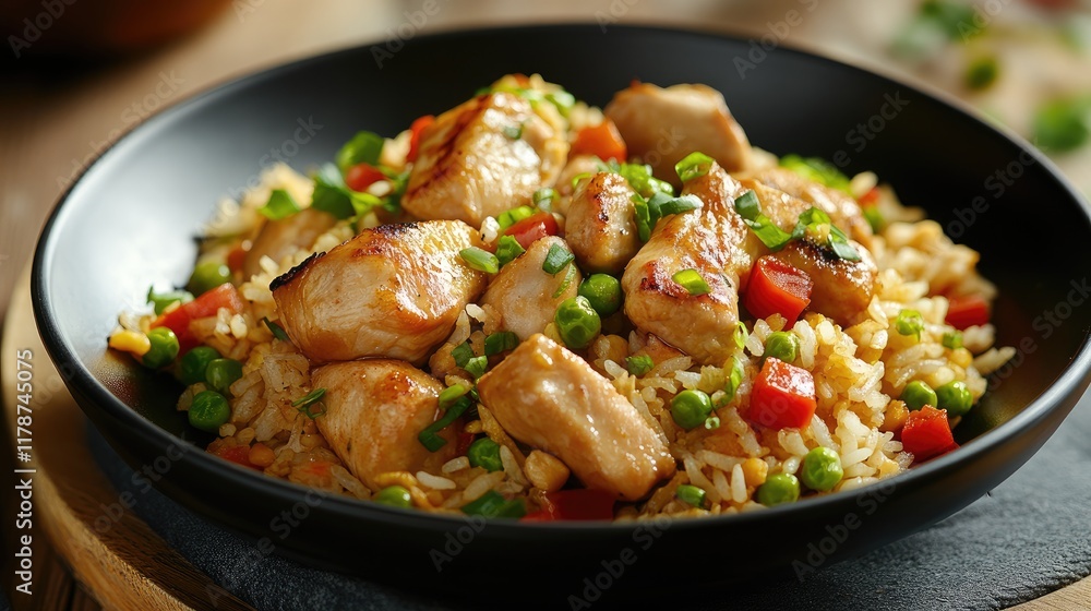 Delicious Sweet and Sour Chicken Stir Fry with Colorful Fried Rice in a Black Bowl Asian Cuisine Delicious Sweet and Sour Chicken Stir Fry with Colorful Fried Rice in a Black Bowl Asian Cuisine
