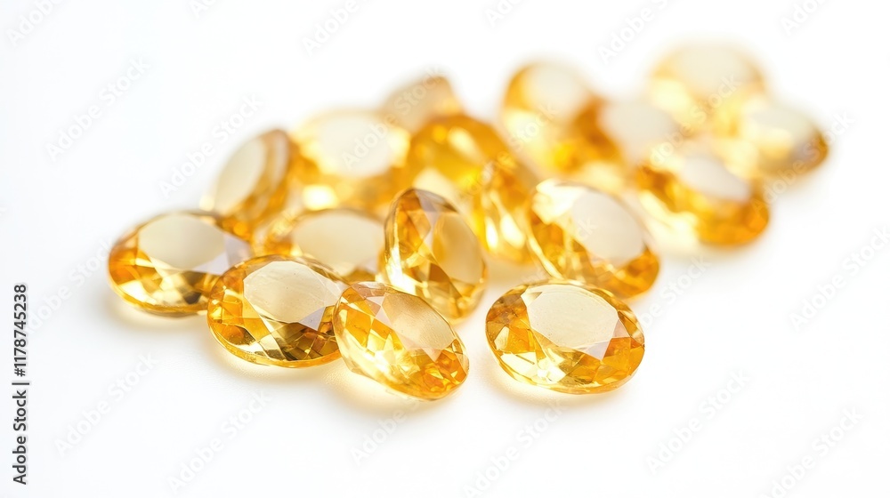 Natural Yellow Gemstones Assorted Faceted Citrine and Diluted Sapphire on White Surface with Soft Lighting Natural Yellow Gemstones Assorted Faceted Citrine and Diluted Sapphire on White Surface with Soft Lighting