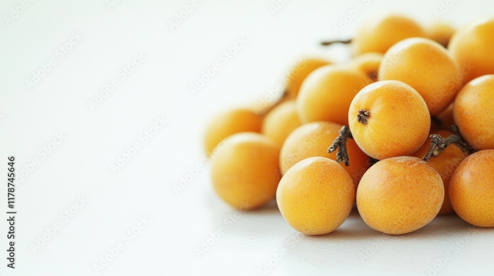 A close-up of small, yellow fruits arranged on a light surface. A close-up of small, yellow fruits arranged on a light surface.