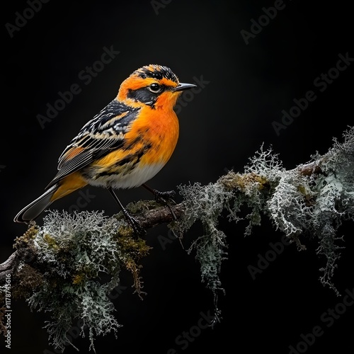 Bright orange Blackburnian Warbler in perfect contrast setting photo