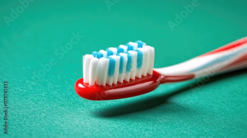 Toothbrush with Blue and White Bristles on Vibrant Green Background for Dental Care Concept photo