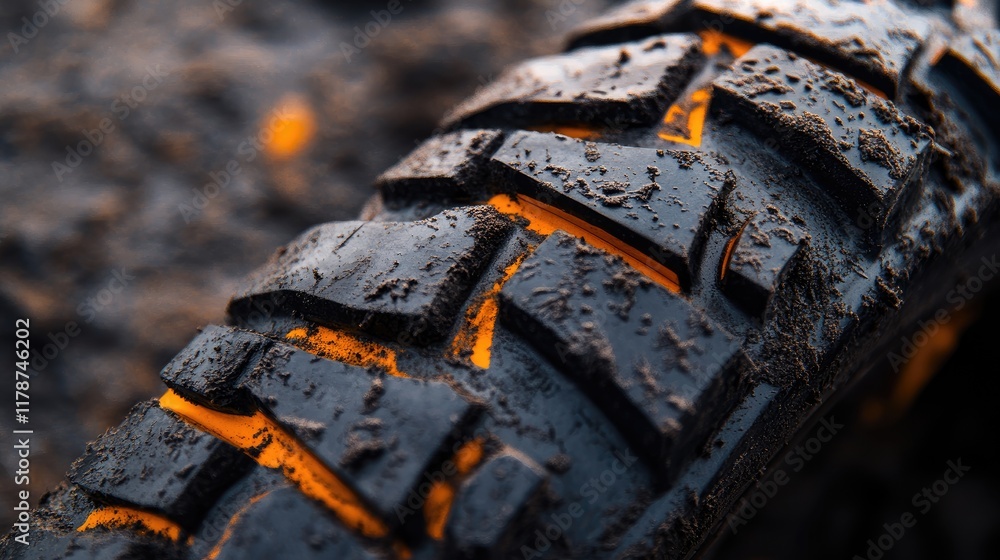 Close up of textured dirt bike tire tread showcasing wear patterns in black and orange emphasizing adventure and off-road riding experience Close up of textured dirt bike tire tread showcasing wear patterns in black and orange emphasizing adventure and off-road riding experience