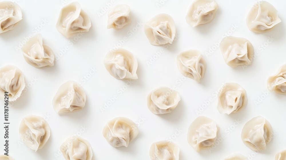 Raw wonton dumplings arranged in a visually appealing pattern on a bright white background for culinary and food photography usage. Raw wonton dumplings arranged in a visually appealing pattern on a bright white background for culinary and food photography usage.