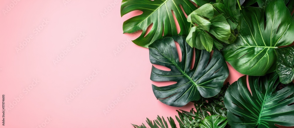 Fototapeta premium Tropical palm leaves on pink backdrop arranged in flat lay design with empty space for text creating a vibrant nature-inspired composition