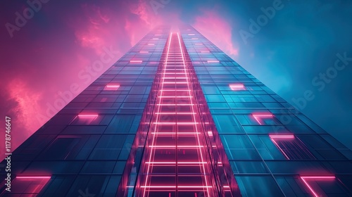 Wallpaper Mural A futuristic corporate tower with an infinite ladder glowing with neon Torontodigital.ca