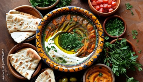 Moroccan Zaalouk Dish in Decorative Bowl with Fresh Toppings and Flatbread on Rustic Table photo