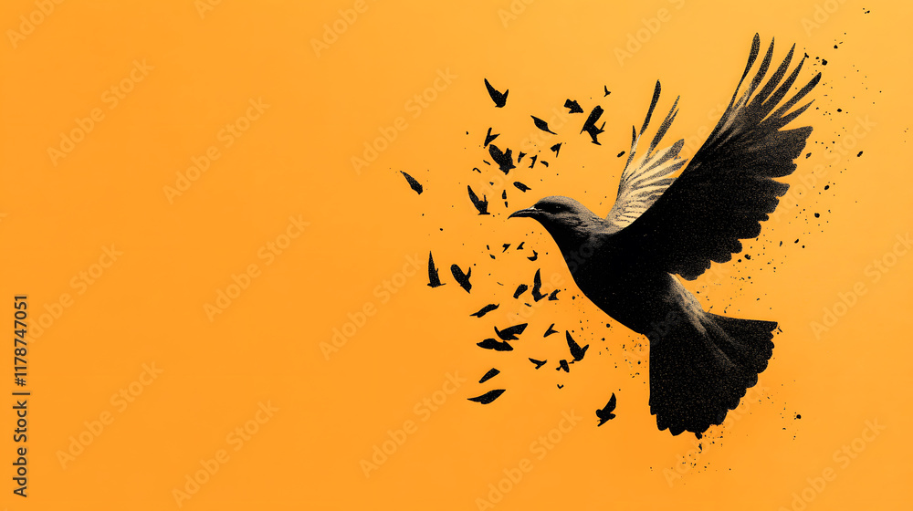 A black bird bursts into a cloud of smaller birds against an orange backdrop, symbolizing freedom and transformation A black bird bursts into a cloud of smaller birds against an orange backdrop, symbolizing freedom and transformation