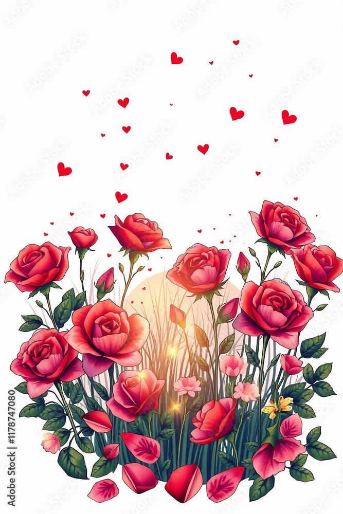 Dreamy Valentine's Day Meadow Scene with Roses and Sunset Glow Dreamy Valentine's Day Meadow Scene with Roses and Sunset Glow