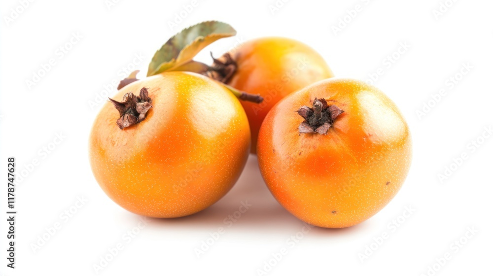 Three ripe loquats with green leaves on a white background. Three ripe loquats with green leaves on a white background.