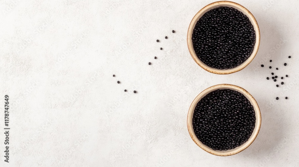 Two elegant bowls of black caviar displayed on a light textured background showcasing gourmet luxury and culinary delight.