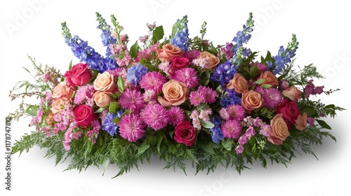 Floral centerpiece featuring an array of vibrant roses astilbe asters delphiniums and honeysuckle in lush green foliage photo