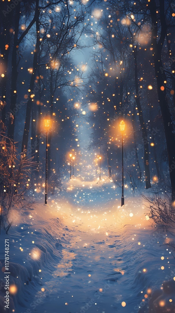 Naklejka premium Abstract blurred bokeh glow softly scattered along a frosty forest trail with snow-covered trees evoking a serene seasonal feel