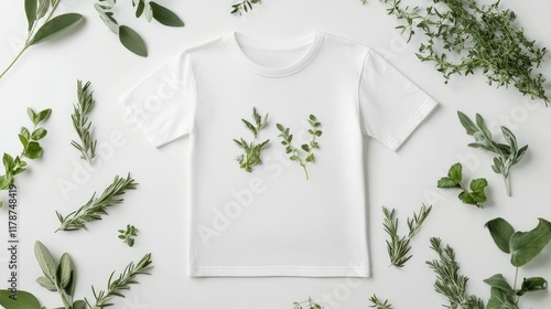 White T-shirt mockup surrounded by fresh herbs and greenery for eco-friendly fashion promotion photo