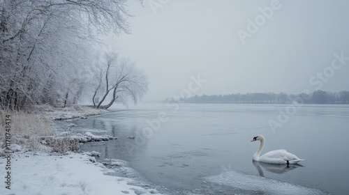 Serene White Swan Gliding on a Frosty Frozen Lake Surrounded by Snow-Covered Trees in a Winter Wonderland Landscape photo