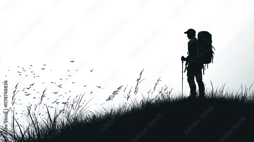 Silhouette of hiker with backpack on hilltop. Silhouette of hiker with backpack on hilltop.