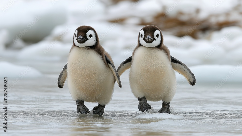 Obraz premium Two adorable penguin chicks walking on ice in a snowy landscape.