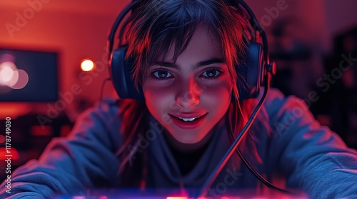 A young girl engaging in gaming, illuminated by vibrant LED lights. photo