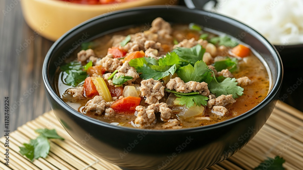 Ground turkey vegetable soup with an Asian twist, isolated on a bamboo mat background Ground turkey vegetable soup with an Asian twist, isolated on a bamboo mat background