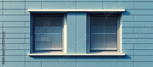 Double glazed window frames with internal and external blinds installation on blue exterior wall with blank space for text or branding