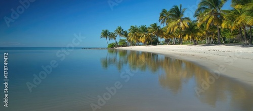 Fototapeta Naklejka Na Ścianę i Meble -  Idyllic Caribbean beach featuring pristine white sand, curved palm trees, and serene blue ocean reflection under a clear blue sky.