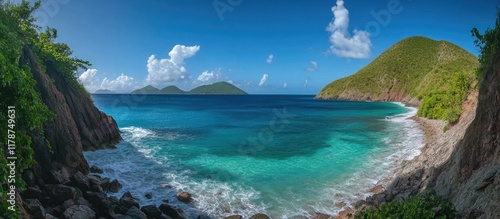 Fototapeta Naklejka Na Ścianę i Meble -  Tranquil Caribbean Beach with Turquoise Waters and Scenic Rocky Coastline Ideal for Your Text and Design Needs