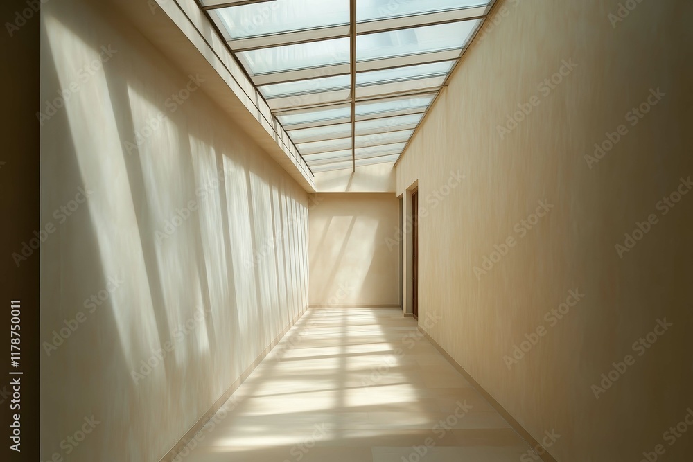 Minimalist hallway with natural light and shadows in modern architectural design Minimalist hallway with natural light and shadows in modern architectural design